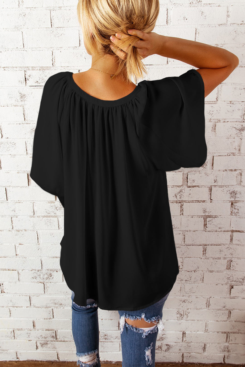 Black gathered detail flutter sleeve top with notched neckline