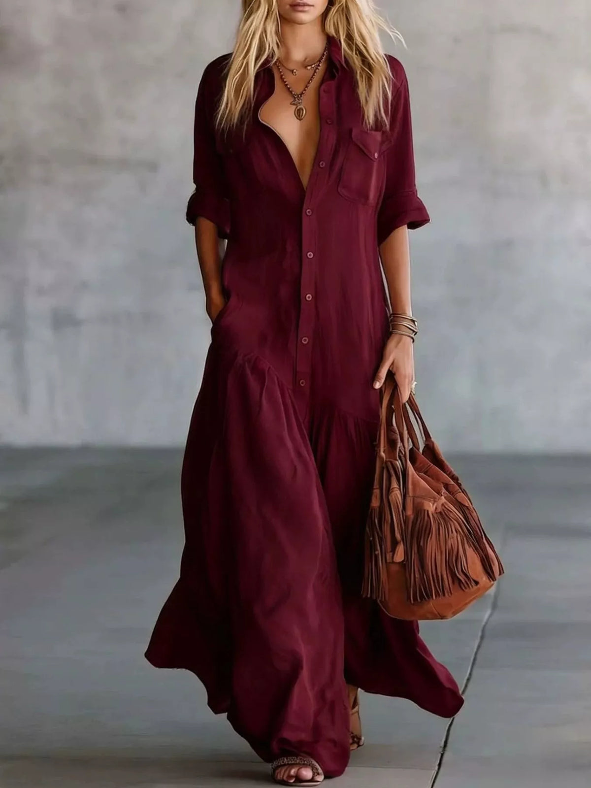 Burgundy button-front maxi dress with roll-up sleeves and patch pockets