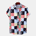 Men's plus size color-block striped button-up with multicolor patchwork pattern