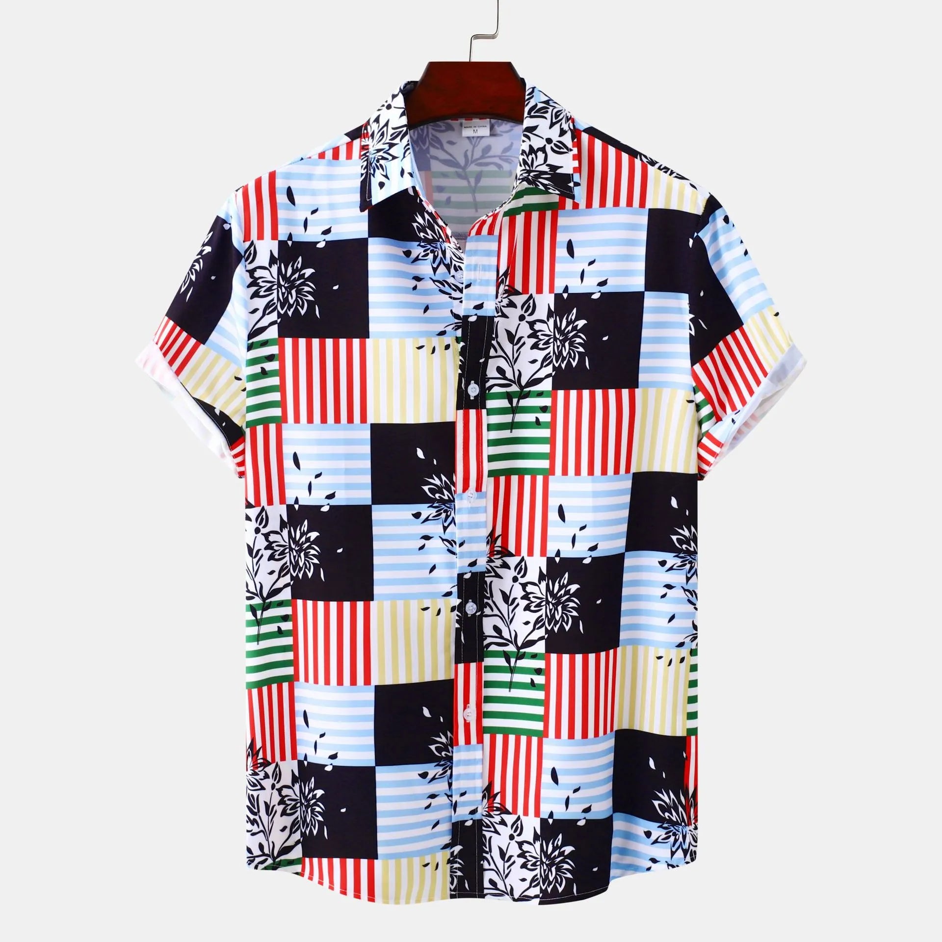 Men's plus size color-block striped button-up with multicolor patchwork pattern
