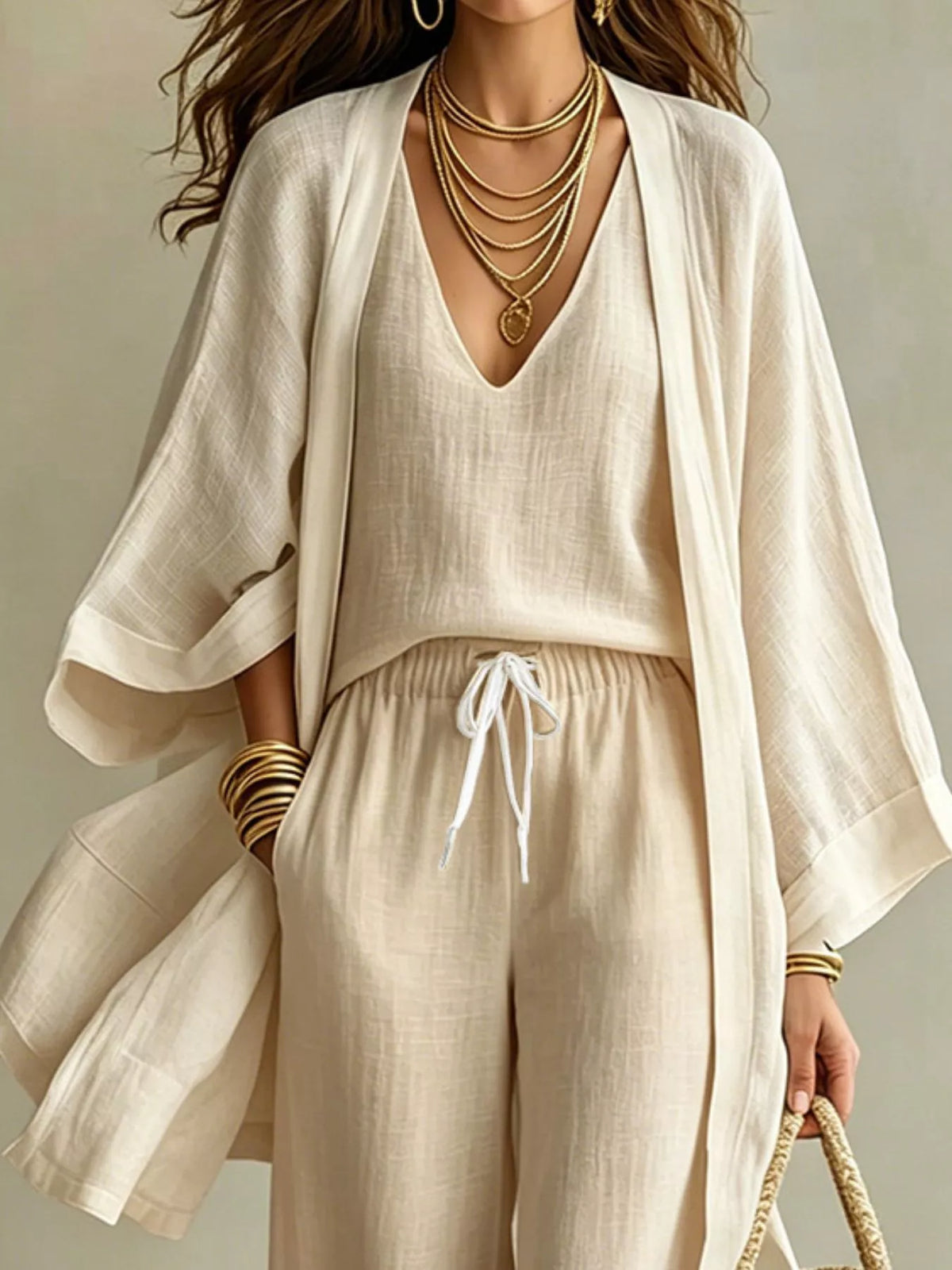 Three-piece outfit set in off-white: V-neck top, drawstring wide-leg pants, open cardigan