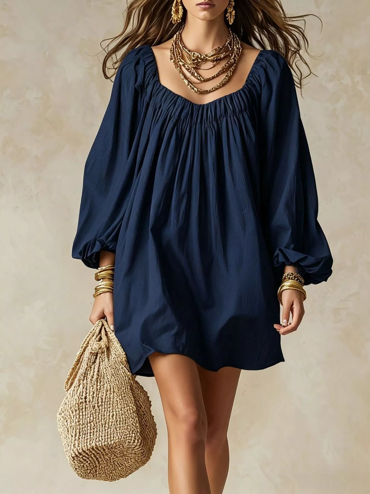 Navy mini dress with square neckline, gathered bodice, and balloon sleeves