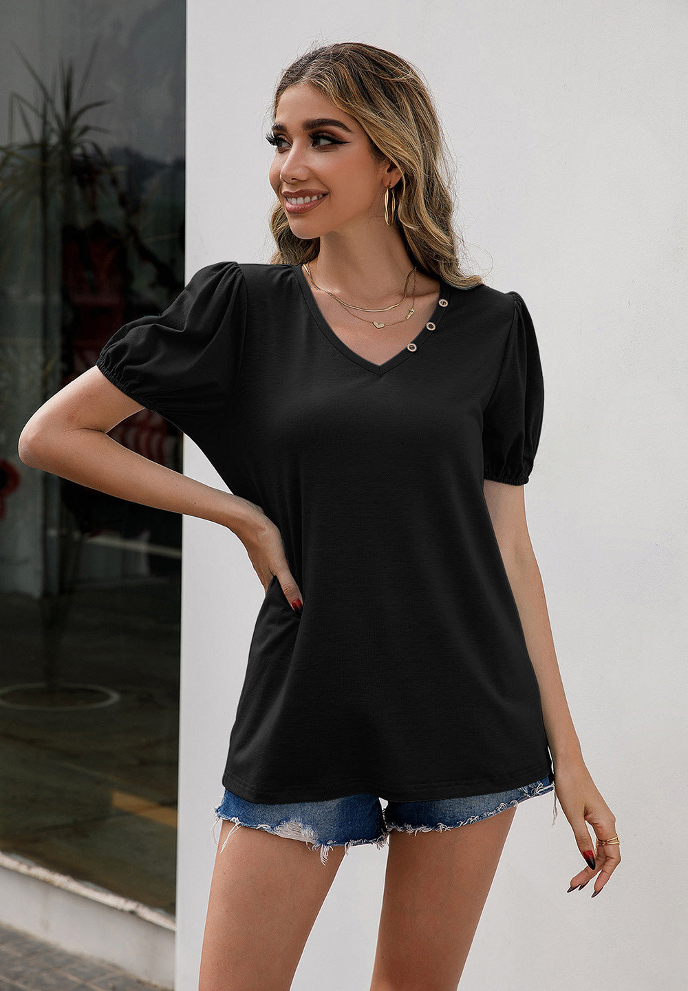 Cedar & Moore Ivy Lane V-Neck Decorative Buttons Puff Sleeve Tee, solid black
