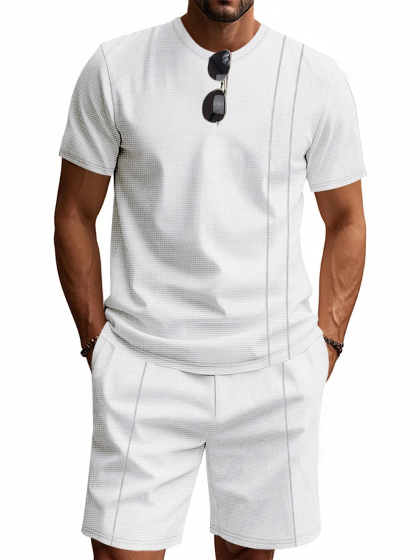 Men’s white short-sleeve round-neck T-shirt and matching drawstring shorts set, front