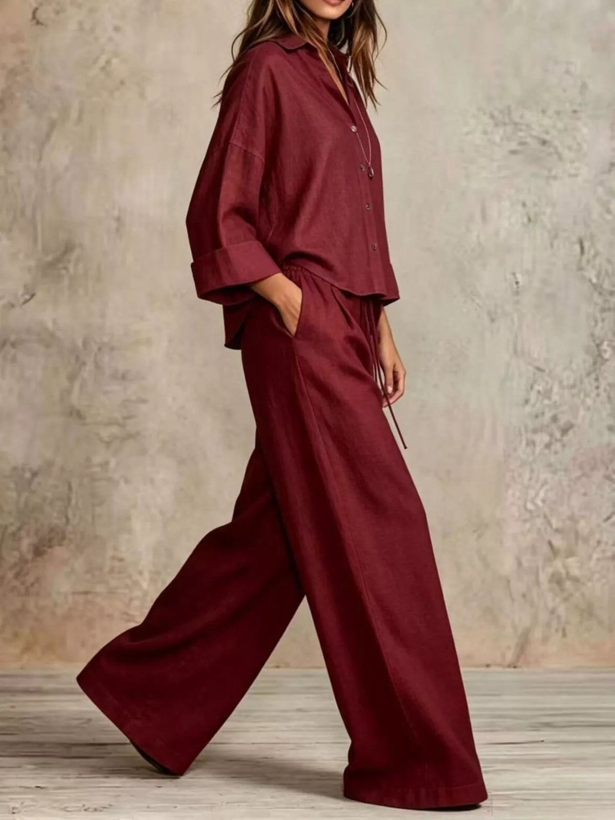 Burgundy wide-leg button down shirt and pants set, button front, roomy wide trousers.