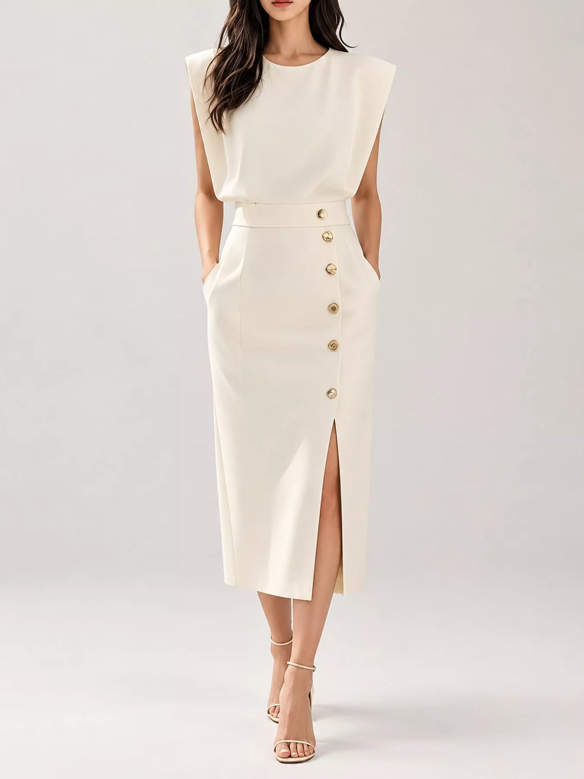 Ivory sleeveless midi dress with gold buttons and side slit, fitted waist