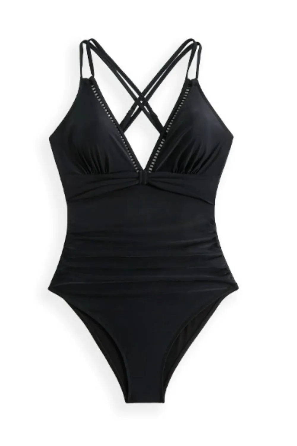 Black one-piece swimsuit with crisscross double straps, V-neck, and ruched midsection