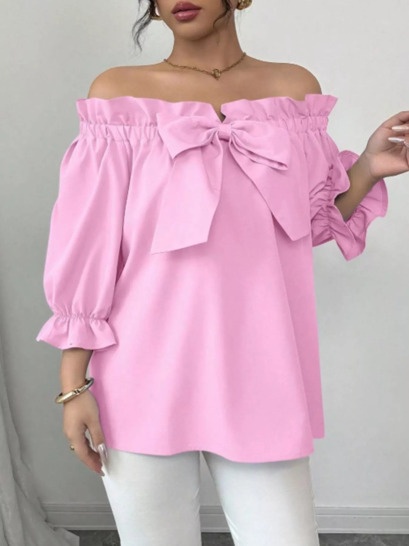 Bow Flounce Sleeve Blouse by Trendsi in pink with off-shoulder neckline and bow detail