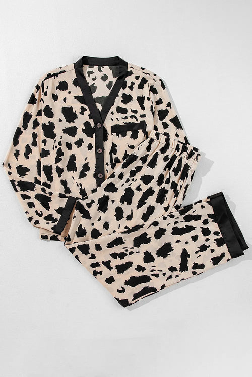 Leopard print lounge set with button-front long sleeve top and matching pants