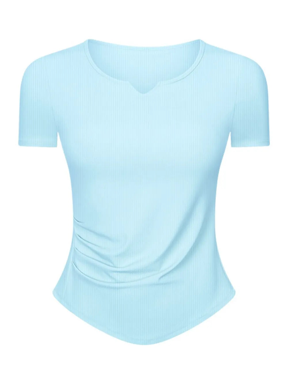 Pastel blue active t-shirt, notched V-neck, short sleeves (flat lay)