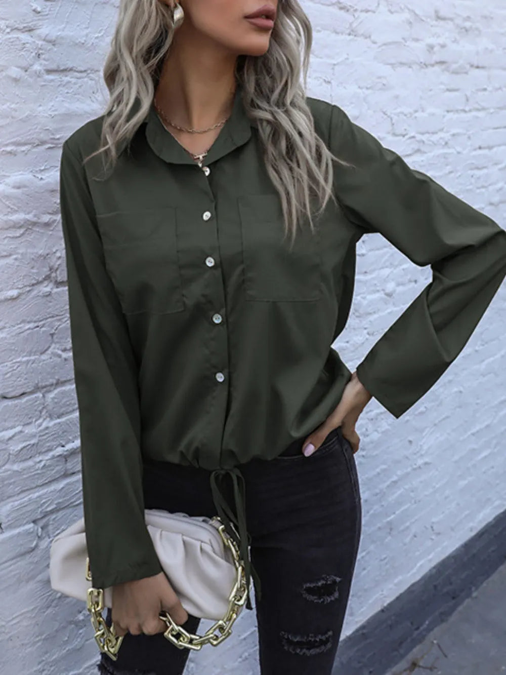 Olive long-sleeve button down shirt with tied hem and chest pocket, button placket
