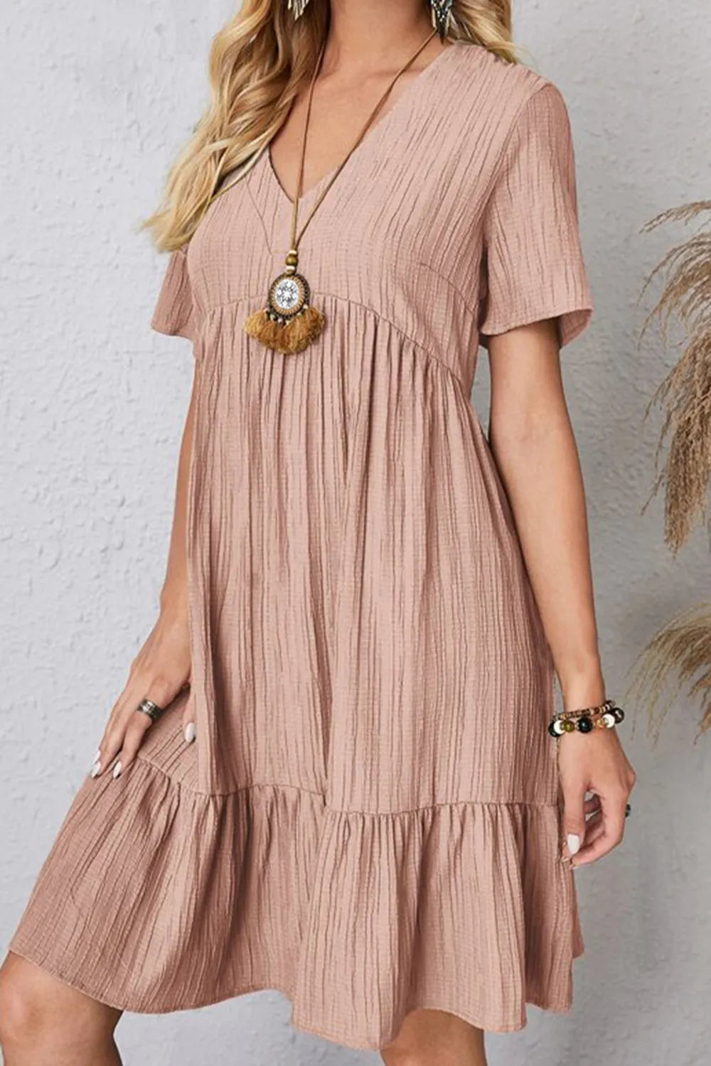 Dusty pink ruched V-neck short-sleeve tiered dress with gathered waist