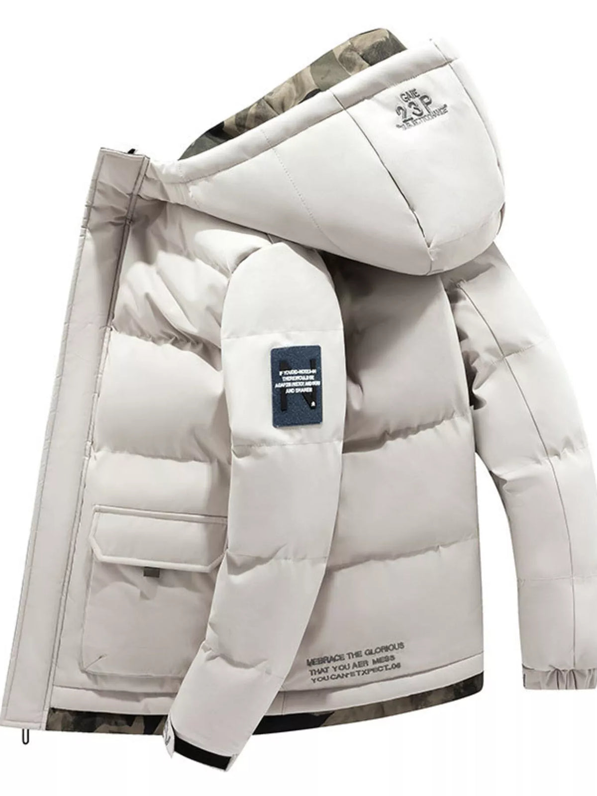 White padded hooded zip-up winter coat with front pockets