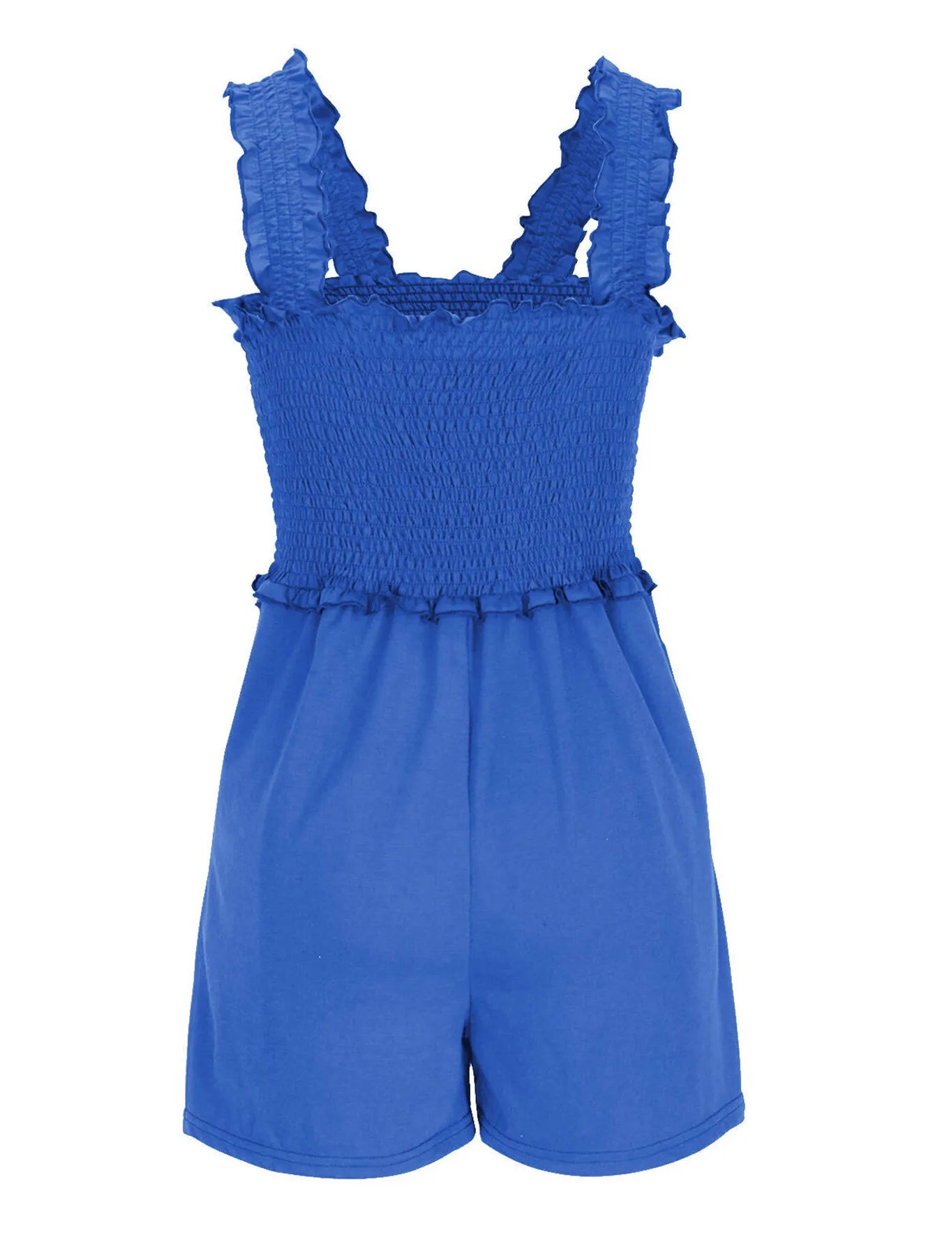 Bright blue smocked square-neck romper with ruffled straps and shorts-style hem