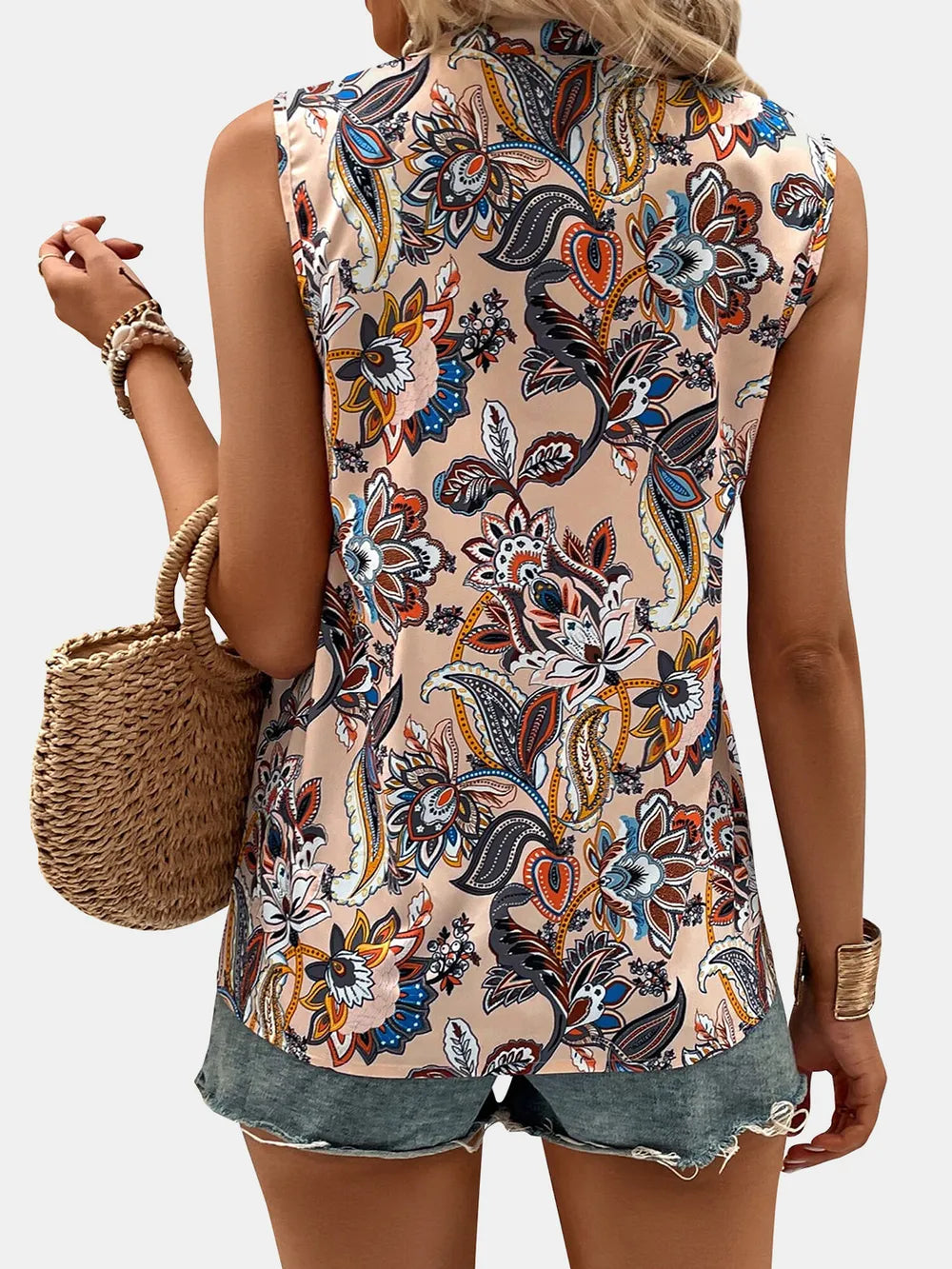 Printed notched sleeveless top, tan floral paisley print, back view