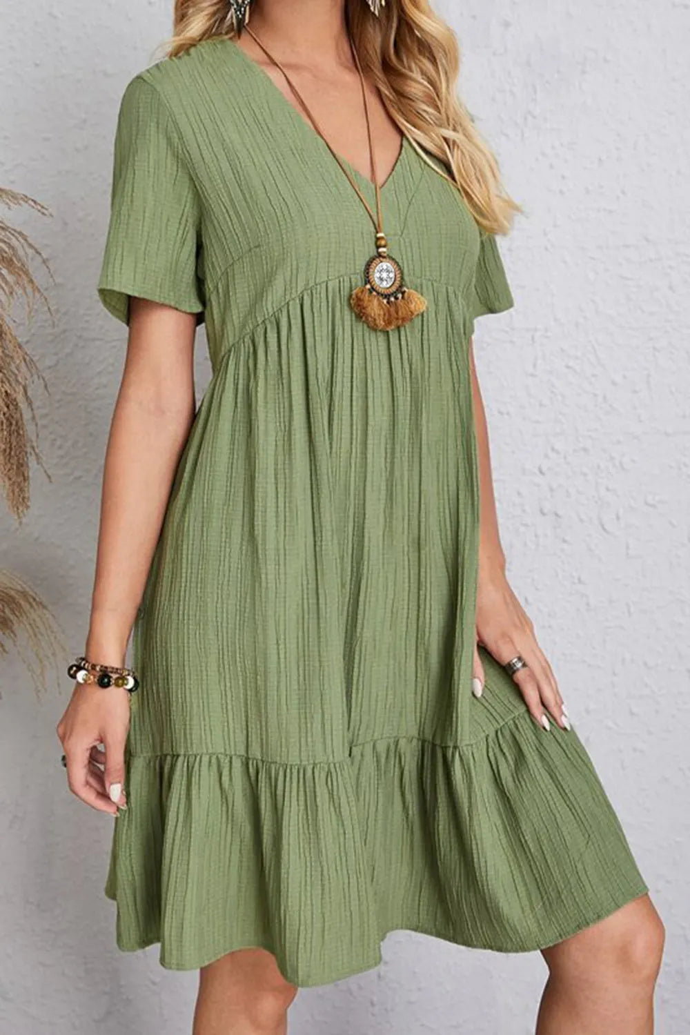 Green ruched V-neck short-sleeve tiered dress with gathered waist