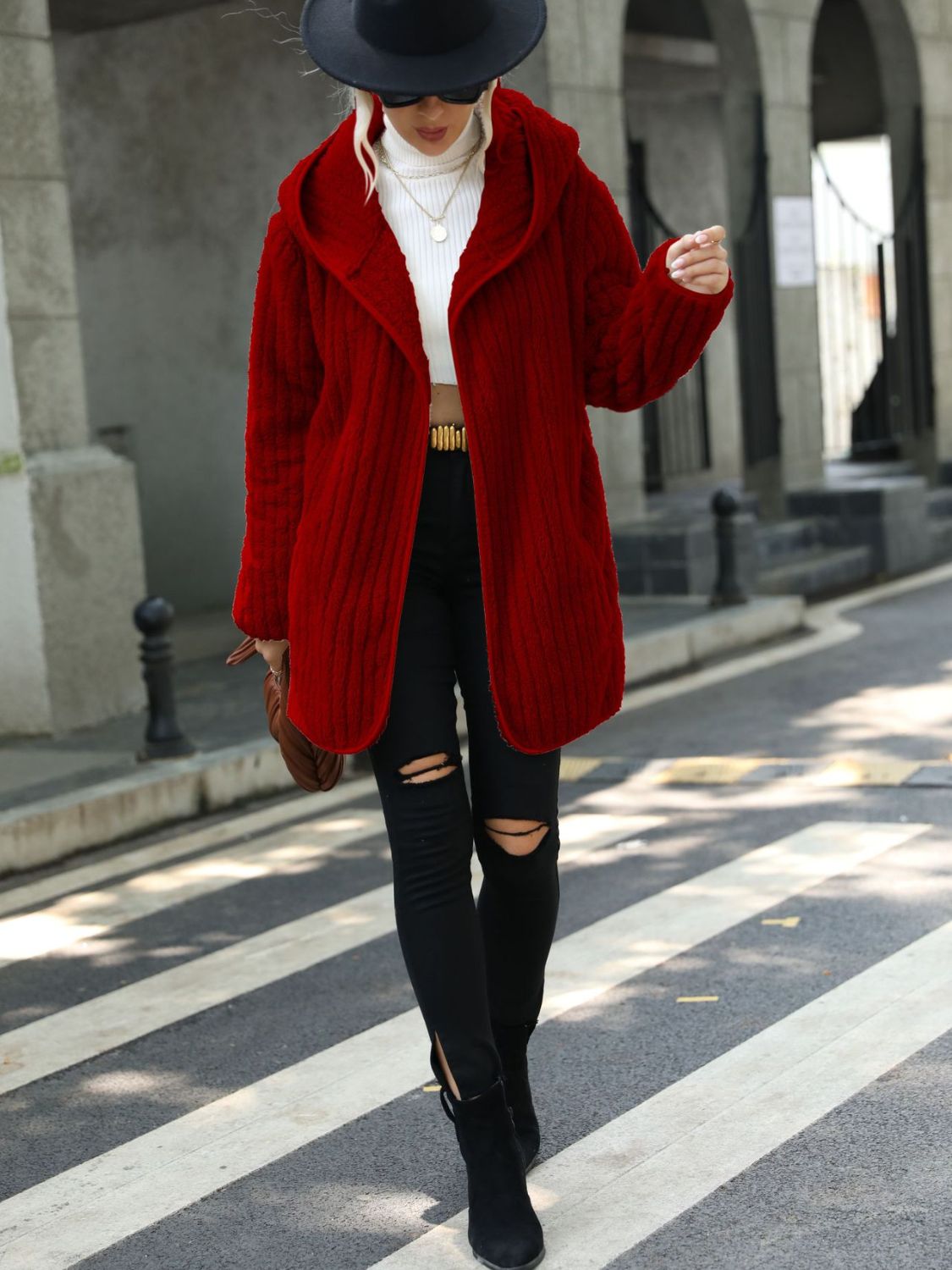Black ribbed hooded open-front coat with hood, long sleeves, and open front