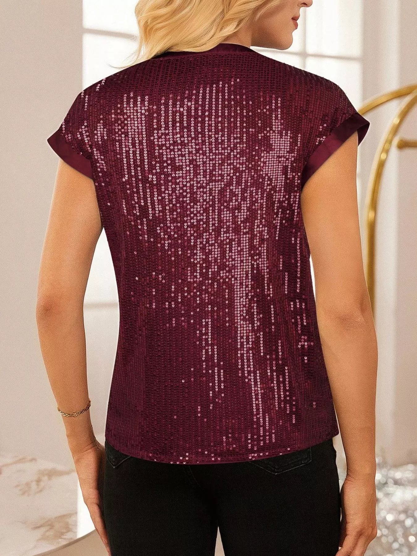 Sequin Notched Cap Sleeve Blouse in burgundy with allover sequins by Trendsi