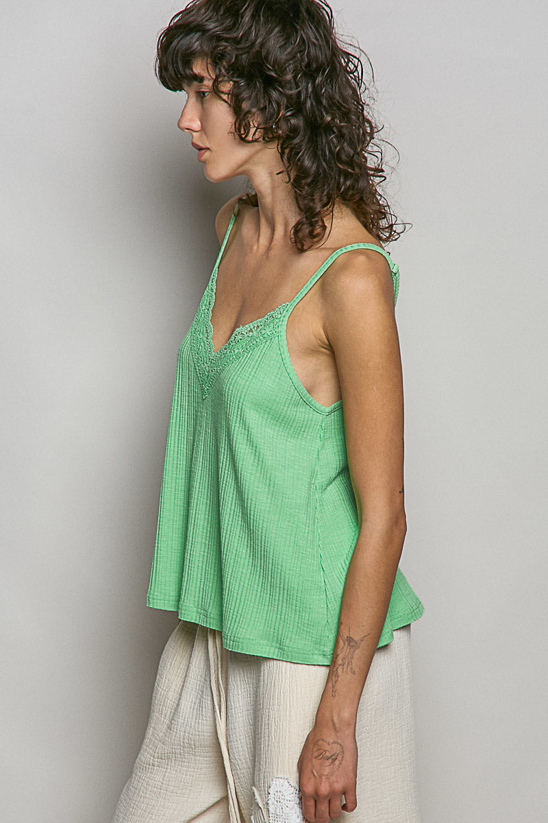 Cedar & Moore POL lace-detail V-neck textured knit cami in green with spaghetti straps