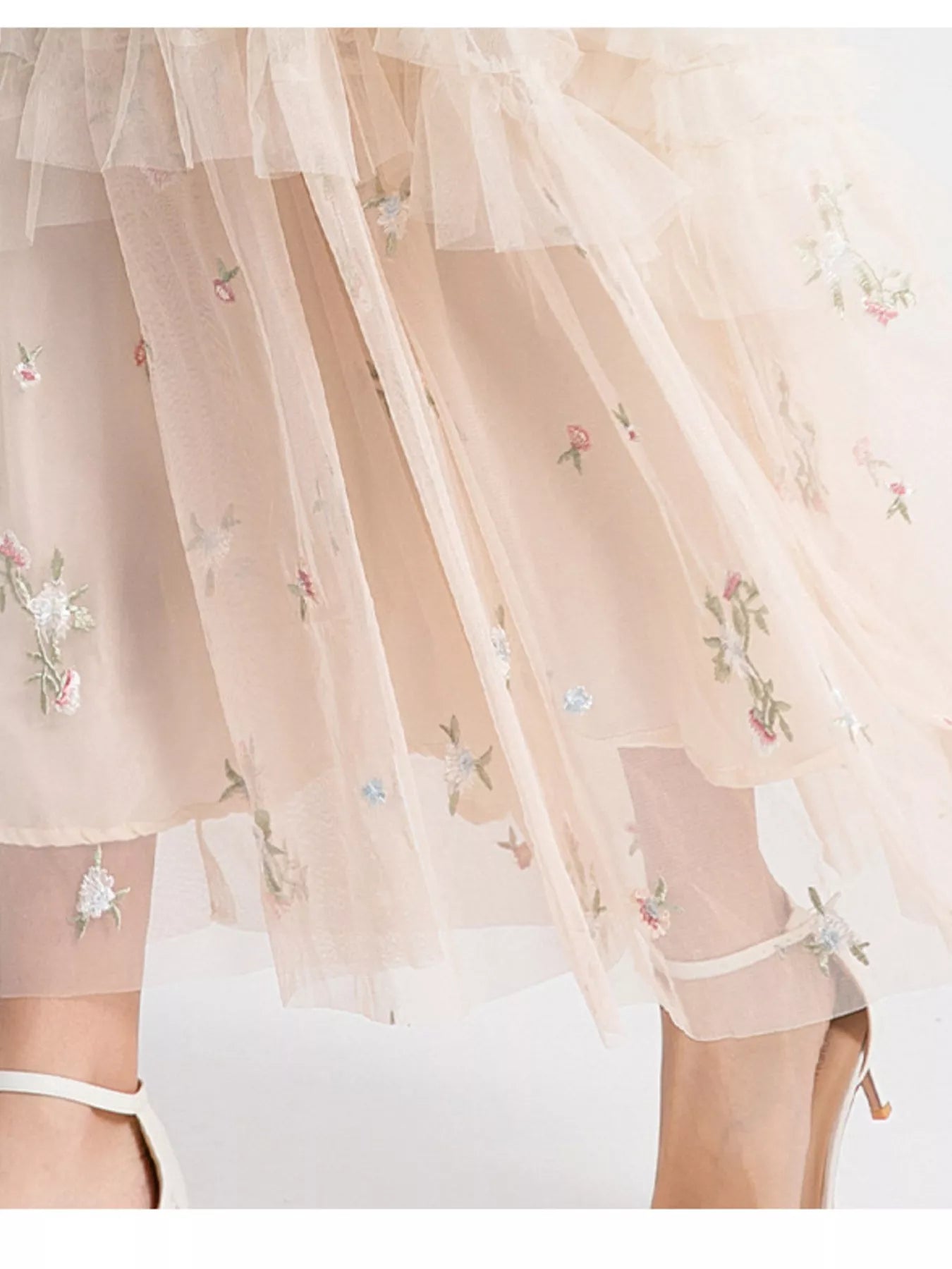 Cedar & Moore Floral Tulle Layered Maxi Dress in peach with embroidered mesh details