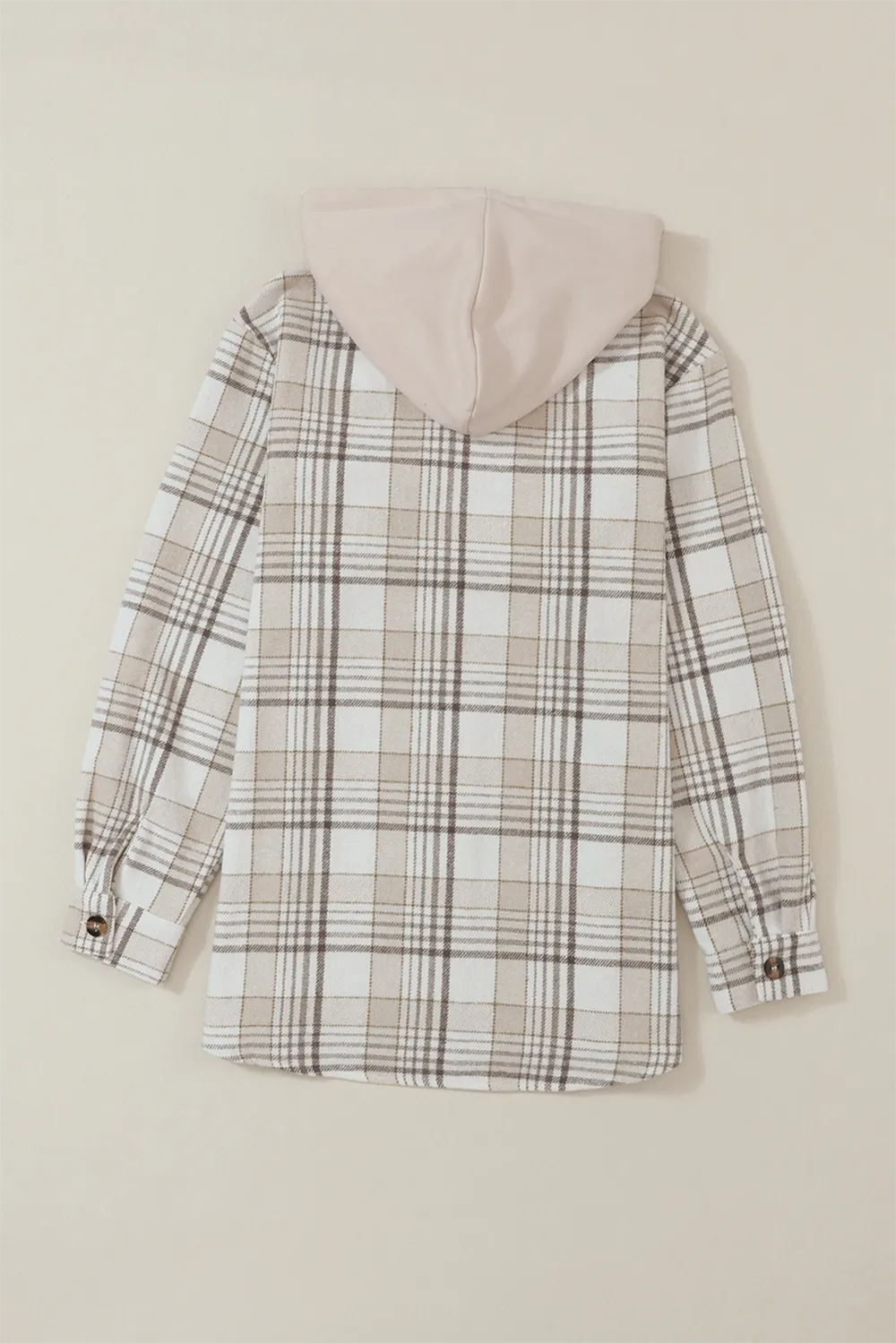 Back view of plaid shacket with removable hood and button-front hem (flat lay)