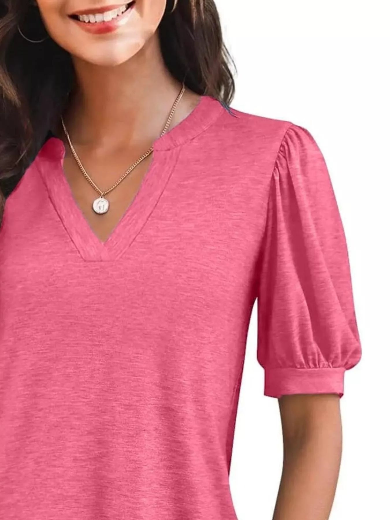 Cedar & Moore Trendsi Puff Sleeve Notched Casual T-Shirt in pink