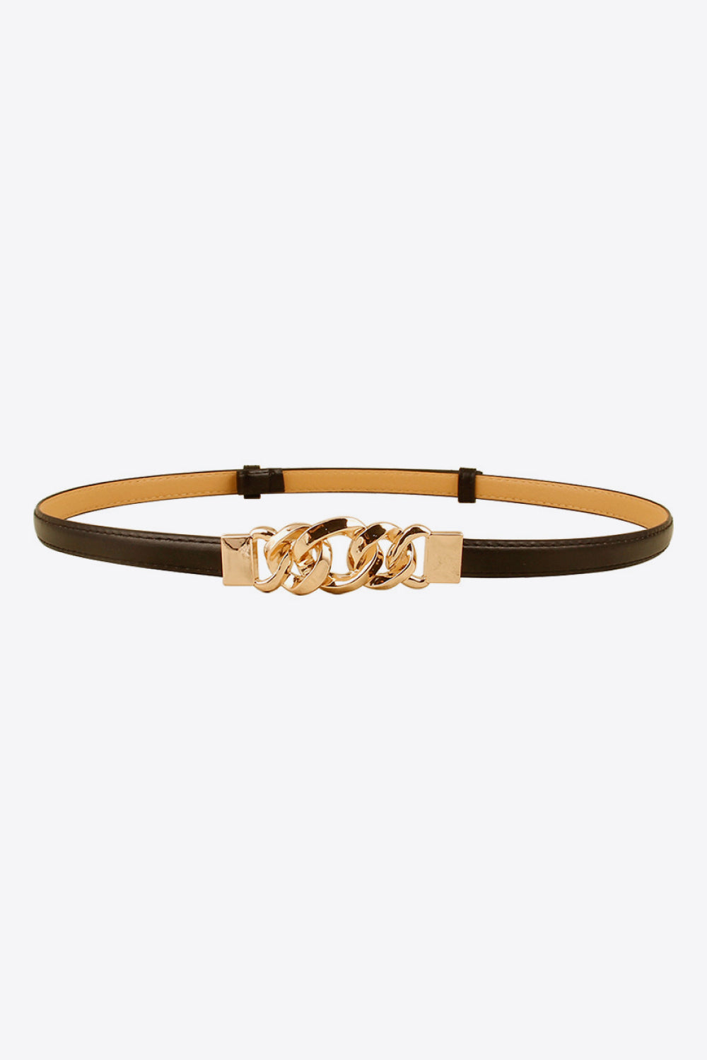 Skinny vegan leather belt with gold chain-link buckle, two-tone dark and tan straps