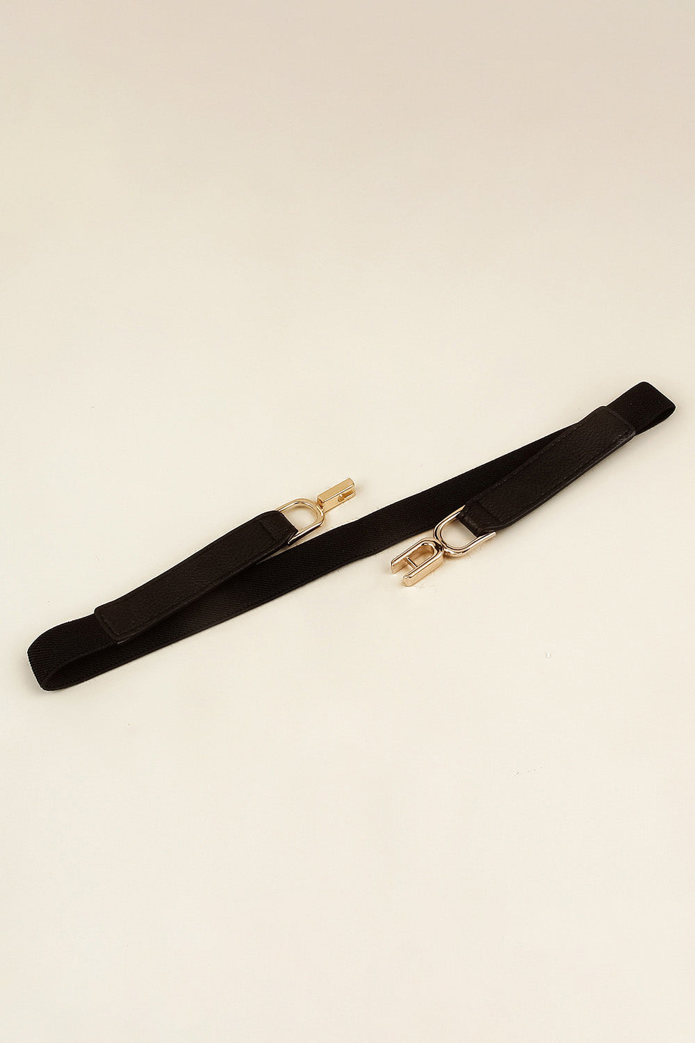 Black elastic buckle belt with gold-tone metal hardware