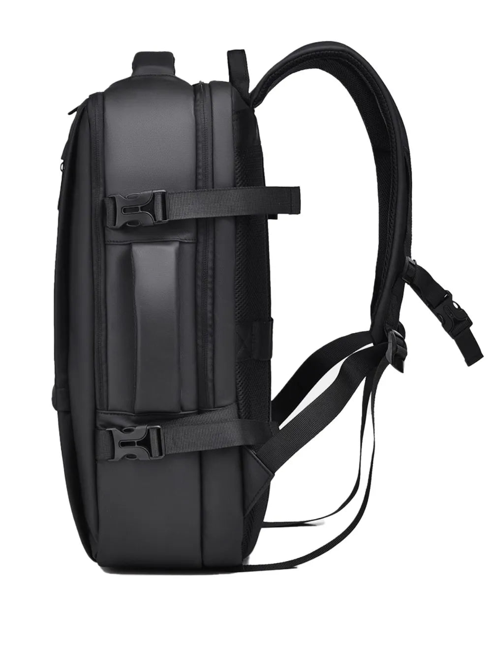 Black backpack side view with adjustable shoulder strap and front organizational pockets.