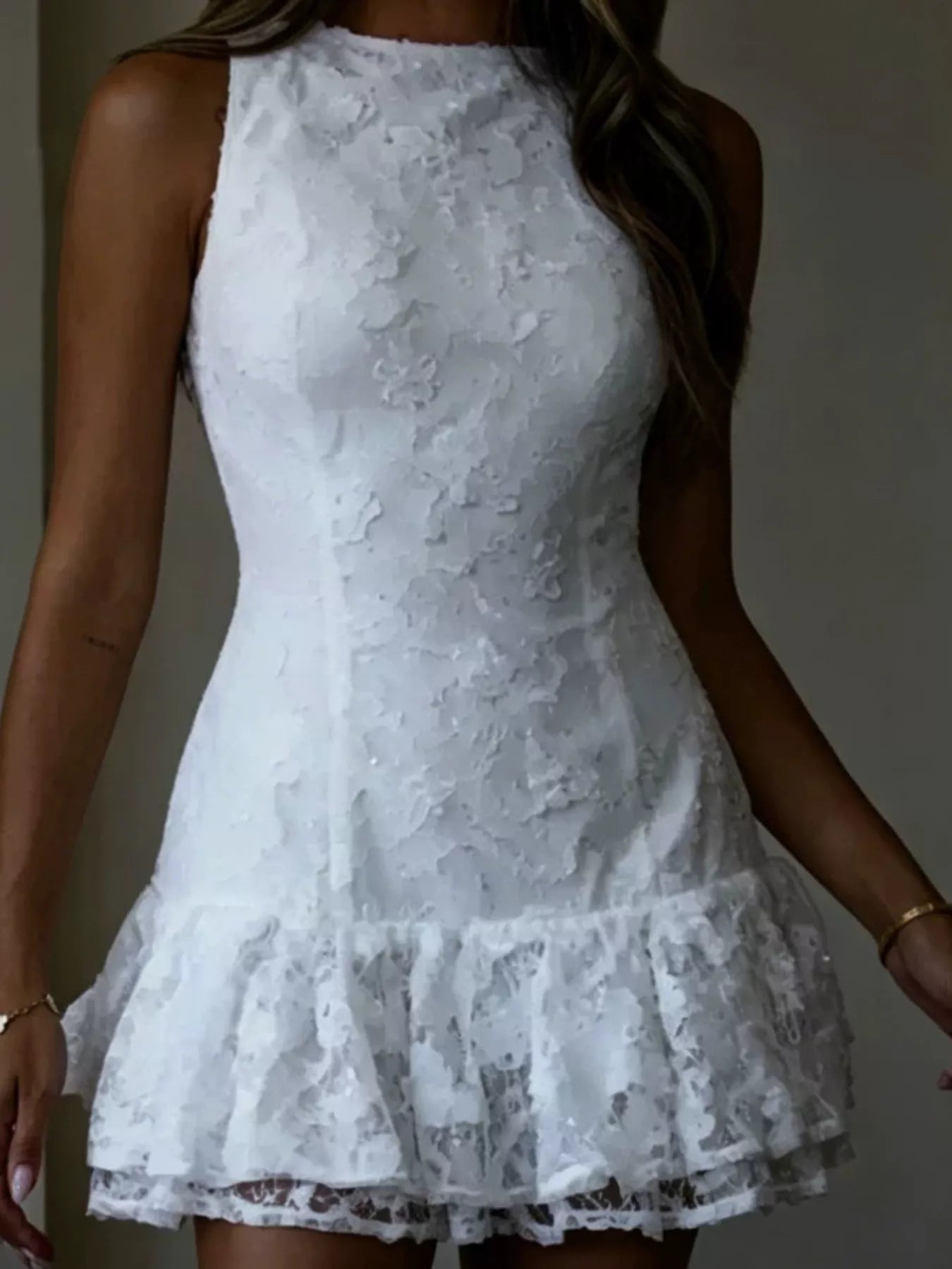 Cedar & Moore Lace Ruffle Hem Mini Dress, white floral lace, sleeveless