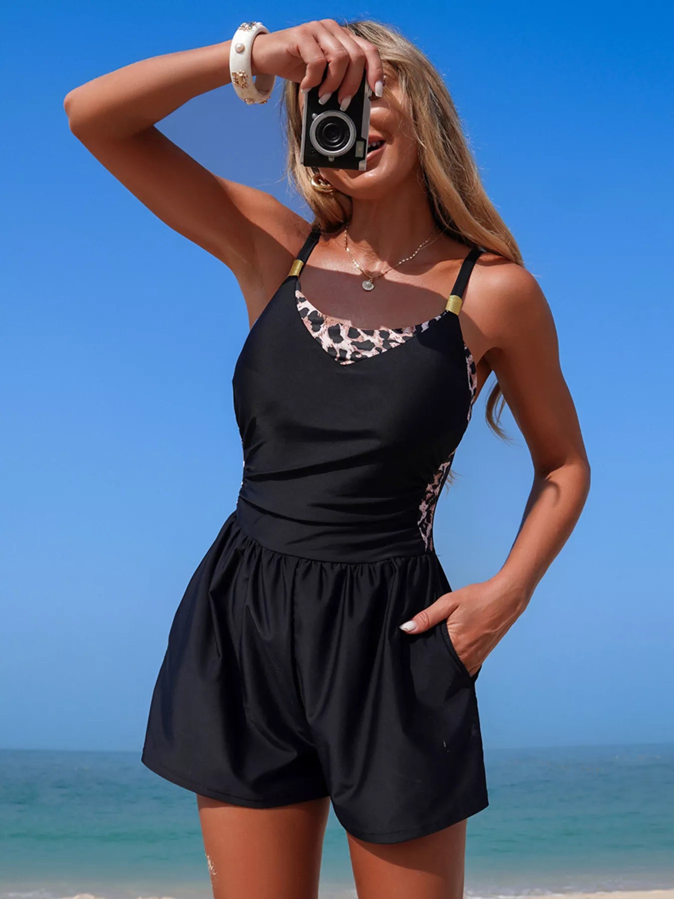 Color Block Adjustable Strap One-Piece Swimsuit by Trendsi with leopard-print panels and pocketed chest