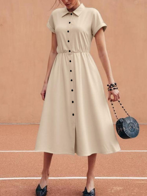 Beige button-down short-sleeve midi shirt dress with black buttons and gathered waist