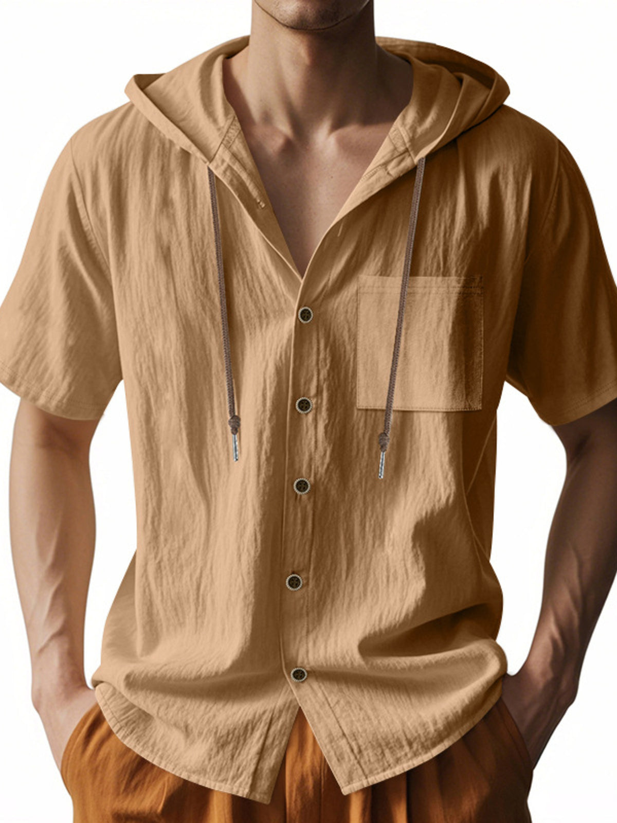 Tan hooded short-sleeve button shirt with drawstring hood and front patch pockets