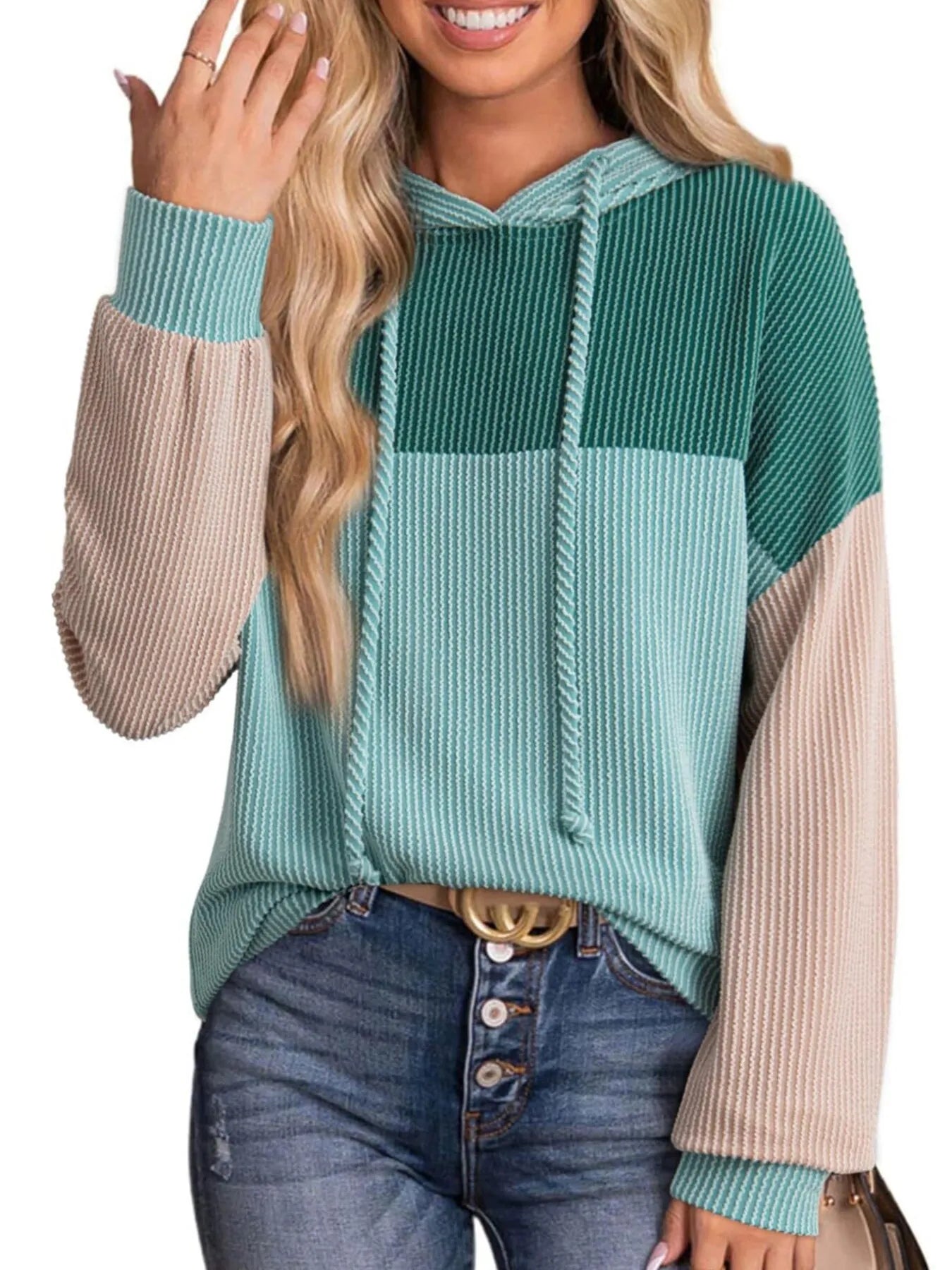 Color-block long-sleeve hoodie with hood and drawstring, teal and cream panels with beige sleeves