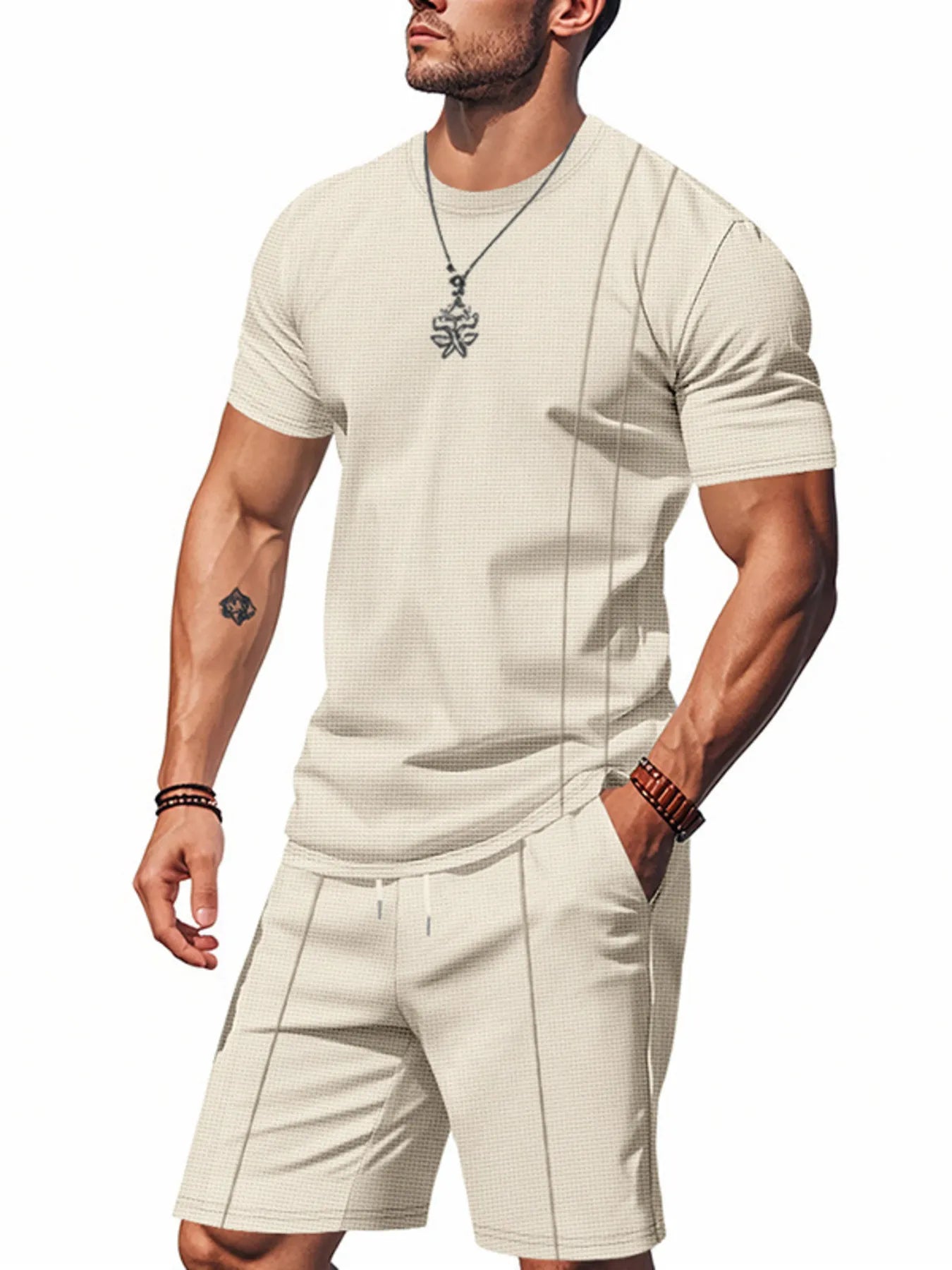 Men’s light beige short-sleeve round-neck T-shirt and matching shorts set, side view