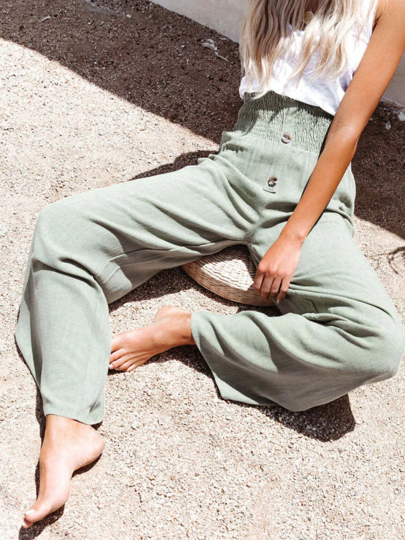 Olive high-waisted textured wide-leg pants, front button placket
