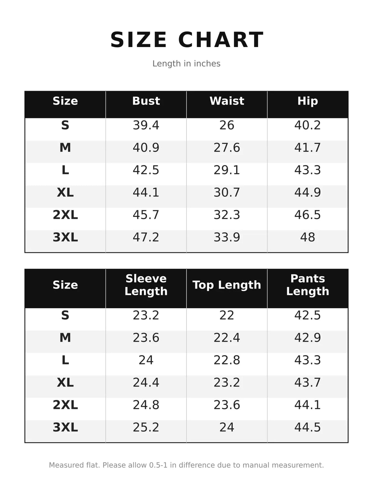 Size chart for shirt and pants set, measurements in inches by size.