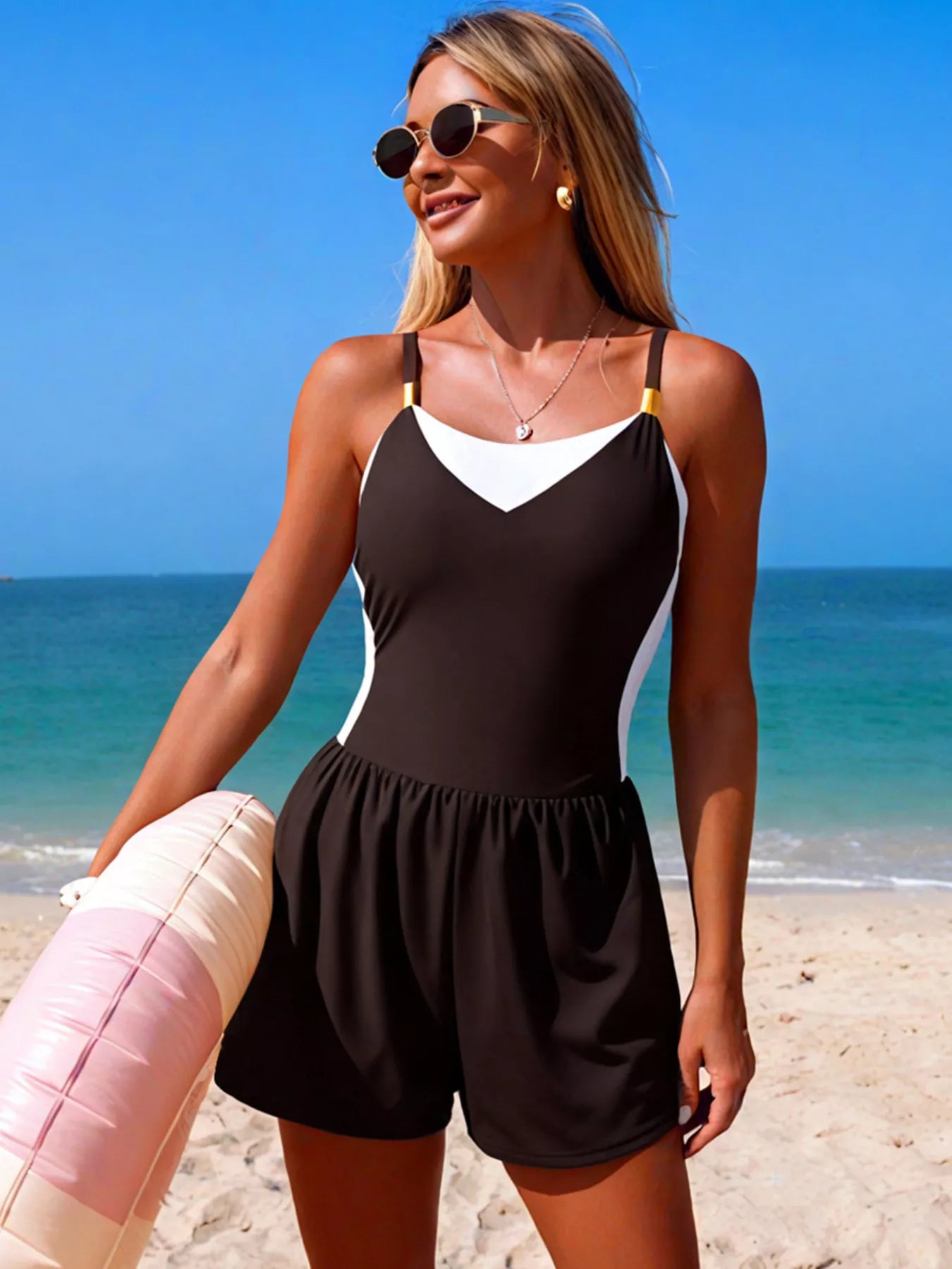 Color Block Adjustable Strap One-Piece Swimsuit by Trendsi with white panels and pocketed chest.