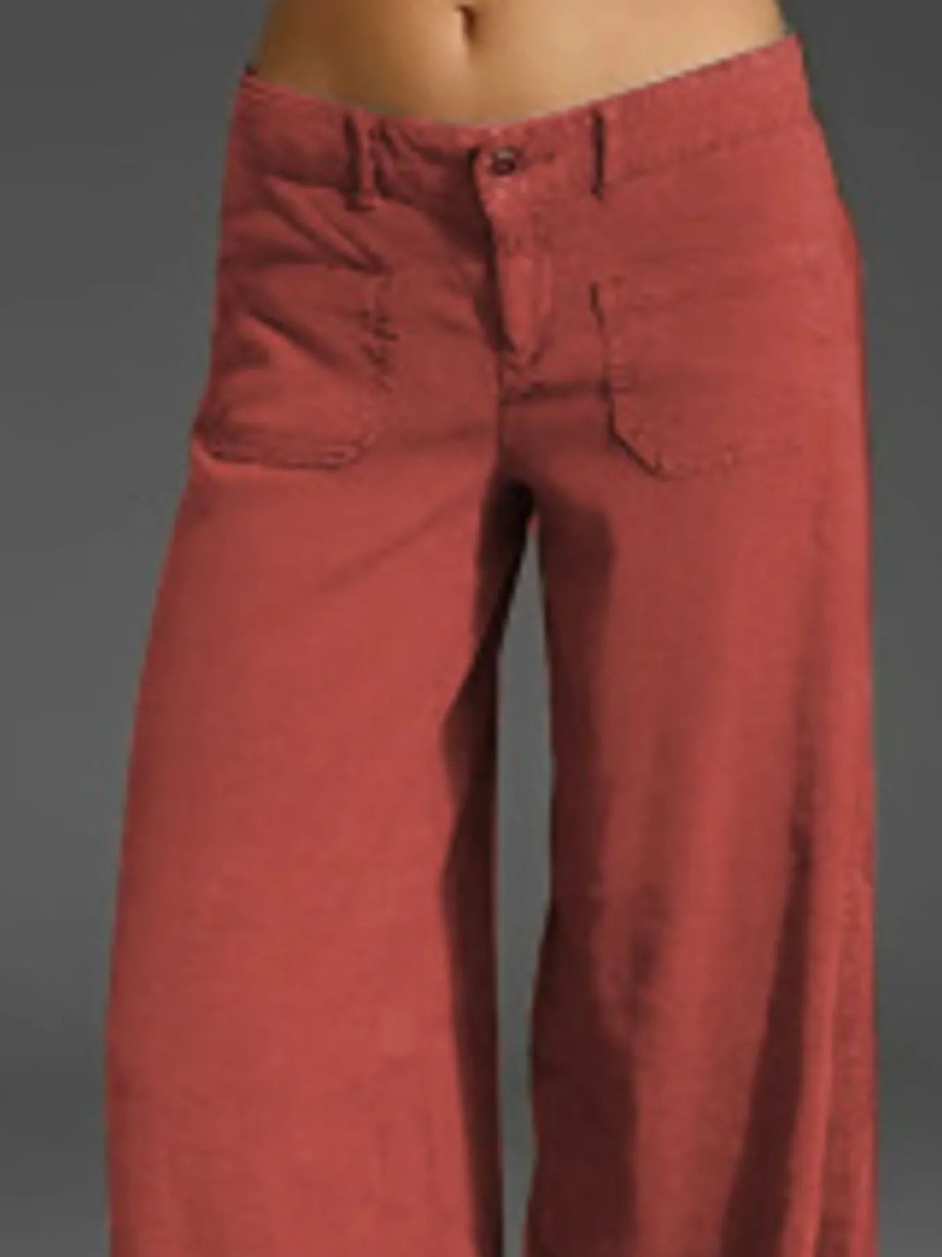 Red wide-leg pants with pockets, button-front closure