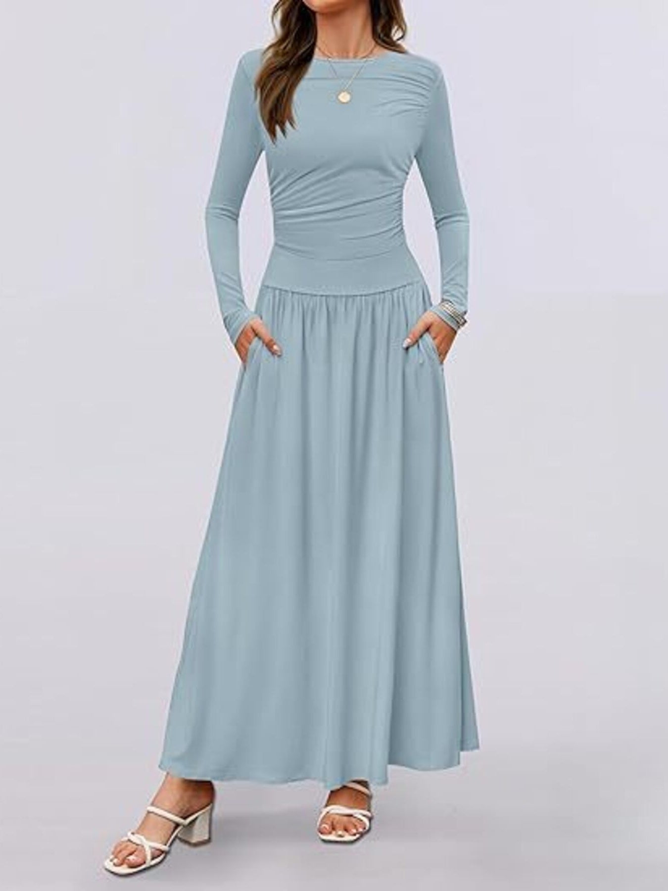 Long sleeve maxi dress in sky blue, ruched waist and gathered, flared skirt