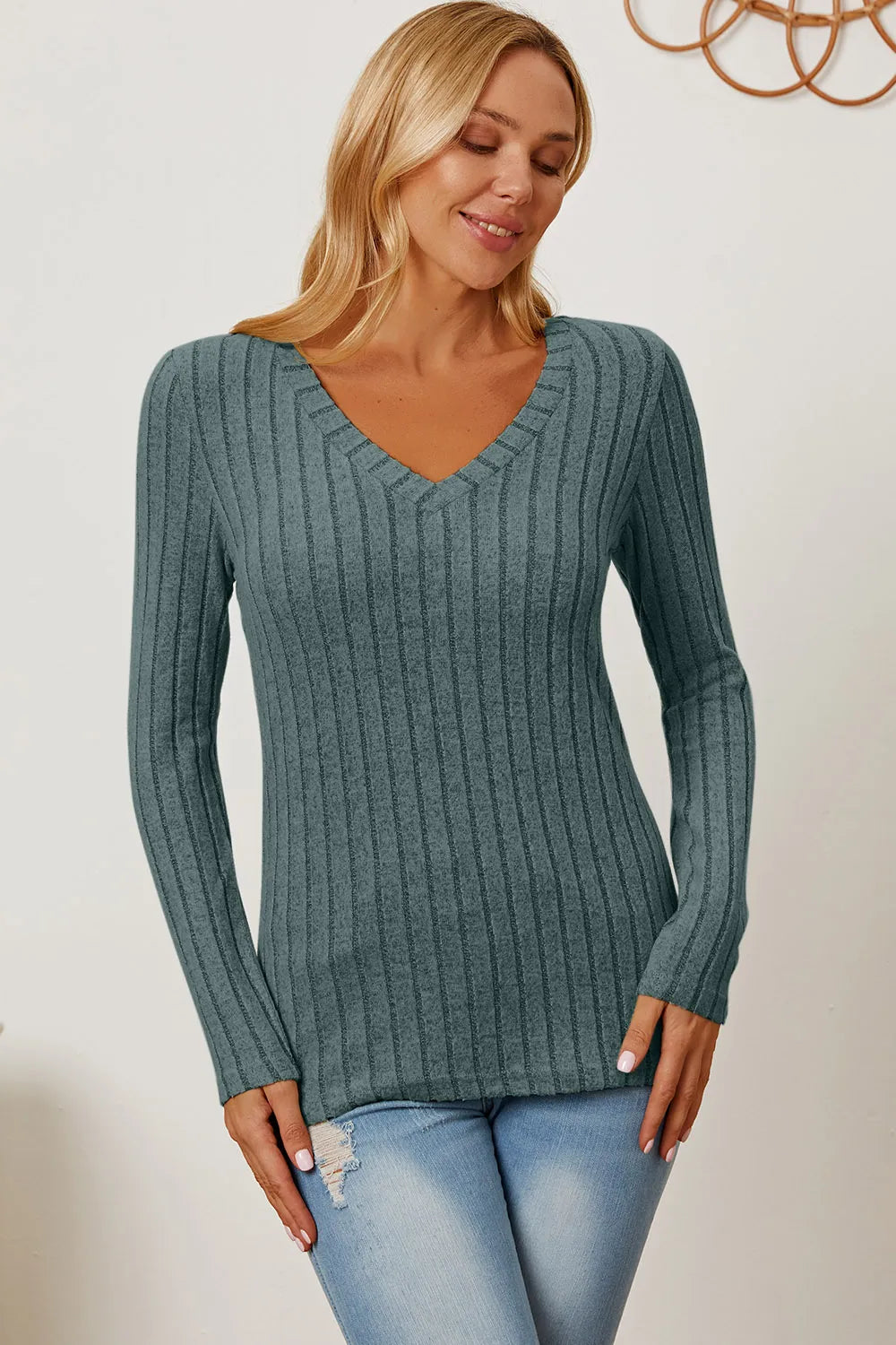 Cedar & Moore Basic Bae teal ribbed V-neck long-sleeve tee