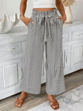 Striped paper bag waist wide-leg pants, black and white pinstripe, tie waist
