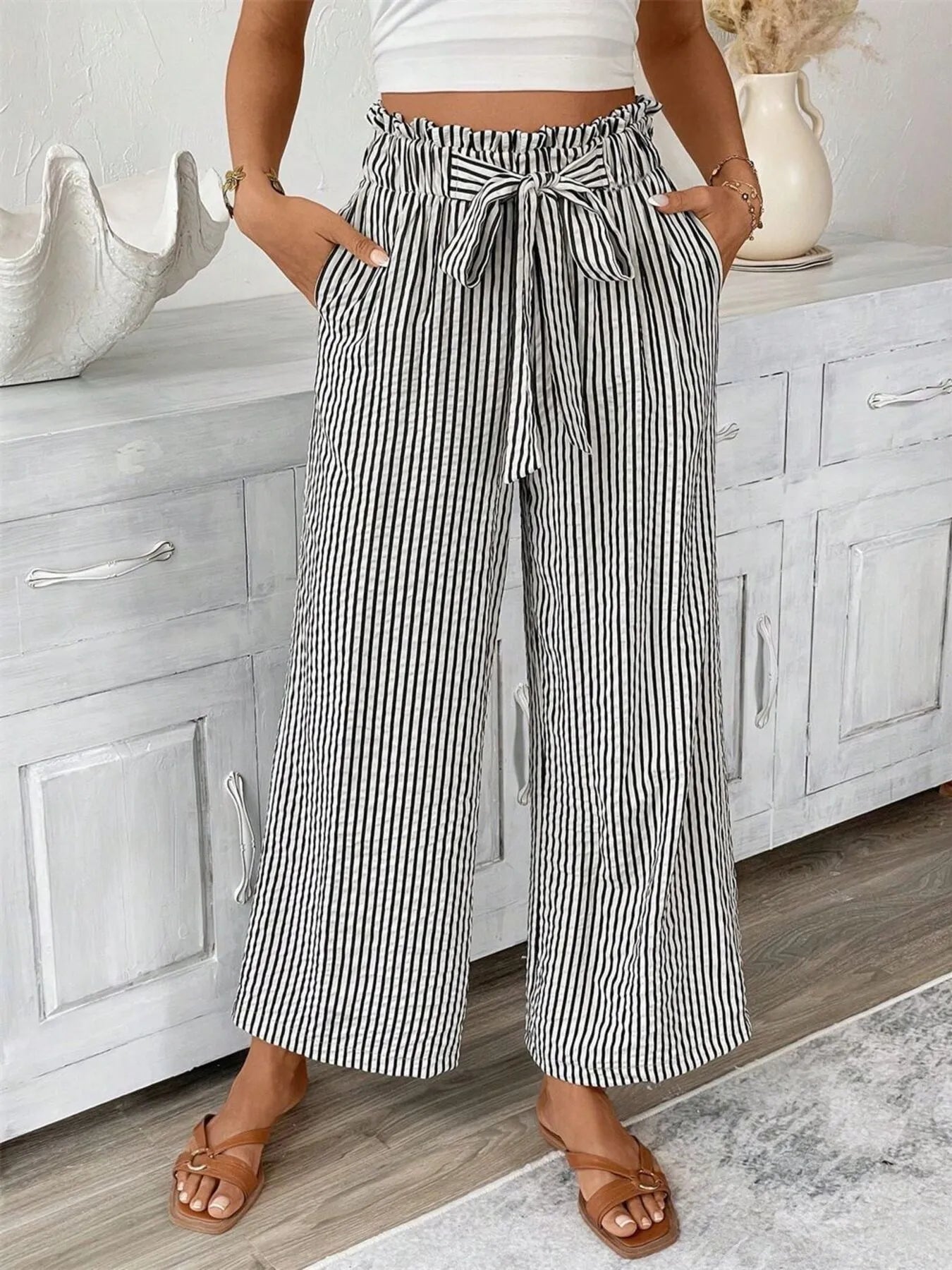 Striped paper bag waist wide-leg pants, black and white pinstripe, tie waist