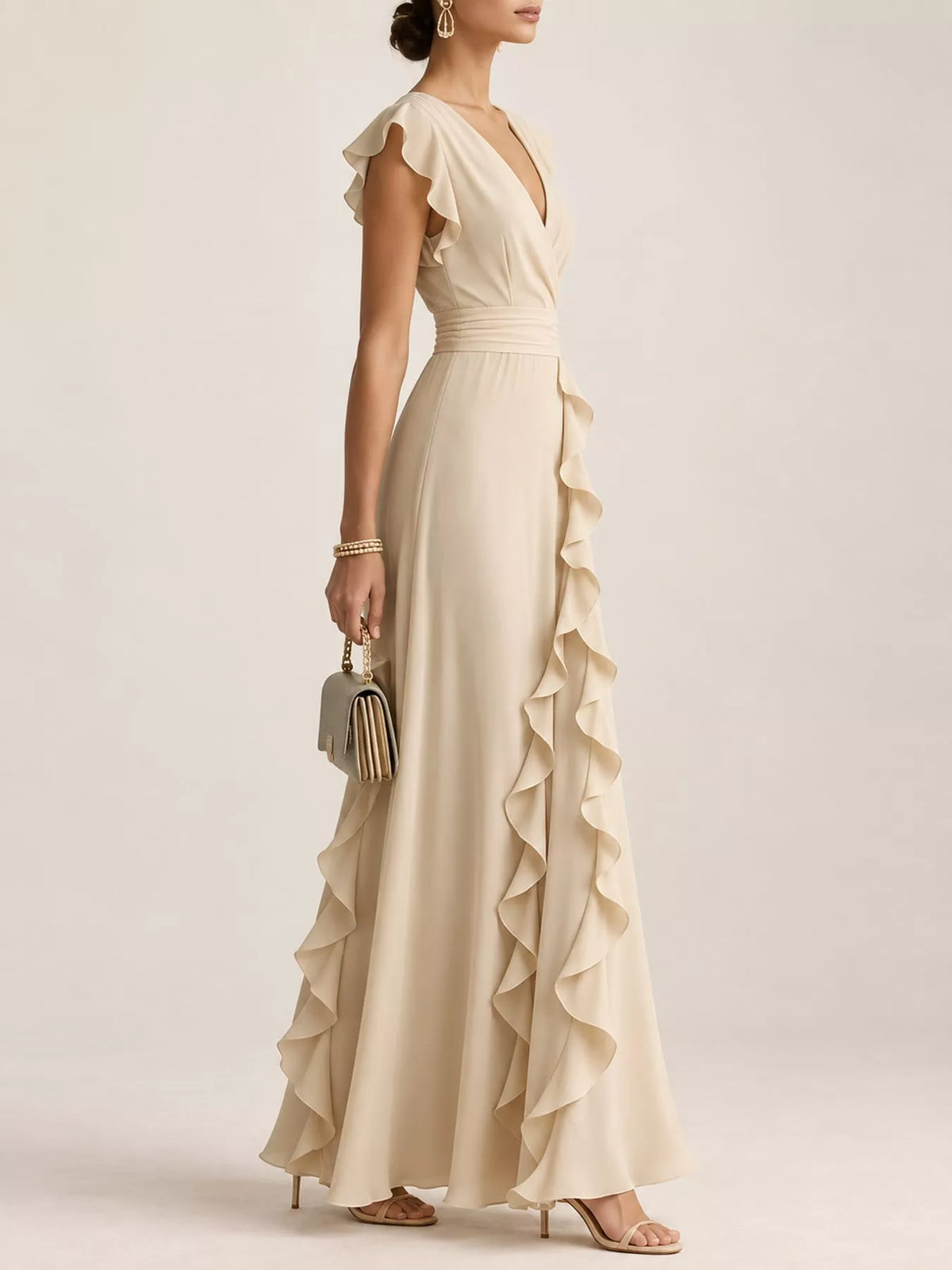 Sleeveless ruffled high-waist maxi dress in light apricot with side tiered ruffle detail