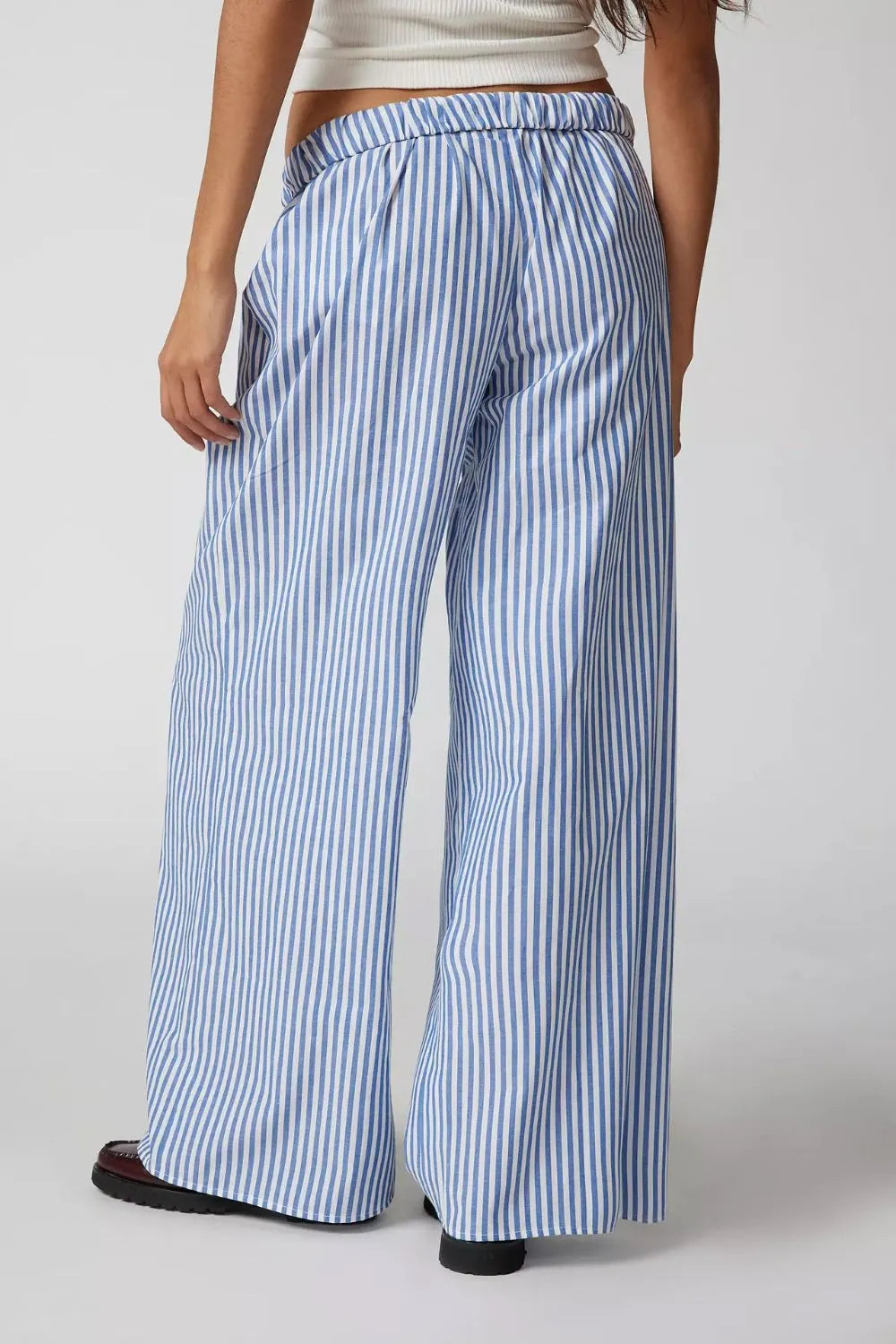 Light blue striped wide-leg pants, elastic waist with gathered cuffs