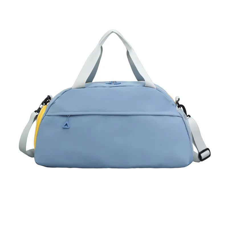 Large nylon travel duffle bag, light blue with front zip pocket and side strap