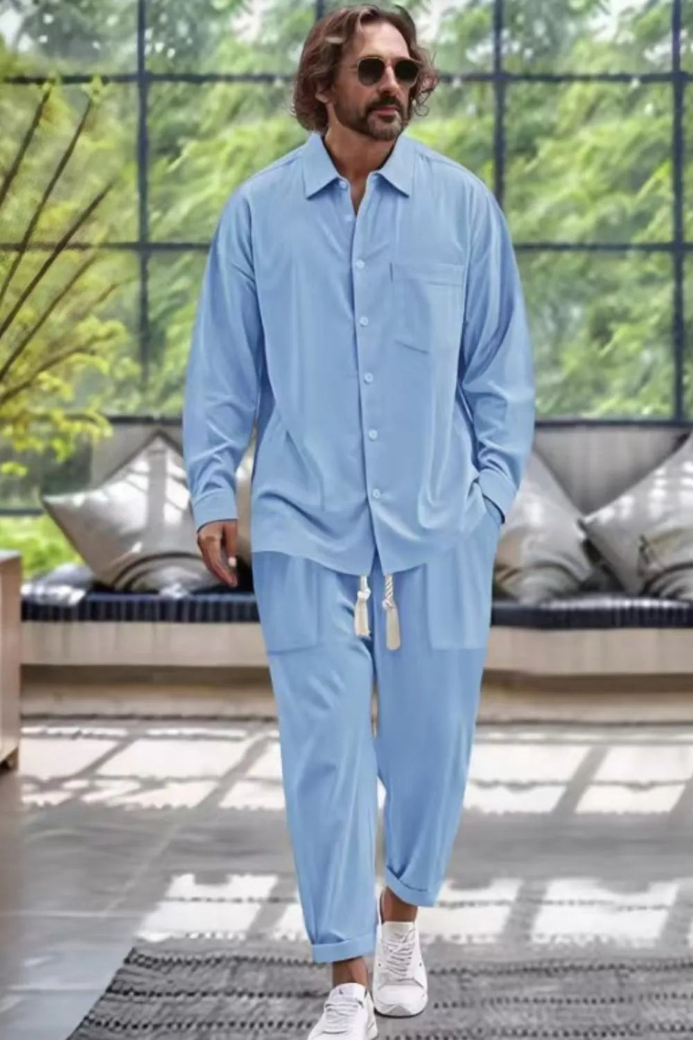 Men's collared long-sleeve button shirt and drawstring pants set, light blue