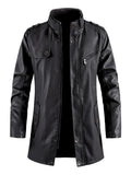 Men’s black zip-up vegan leather jacket with snap button pockets and stand collar
