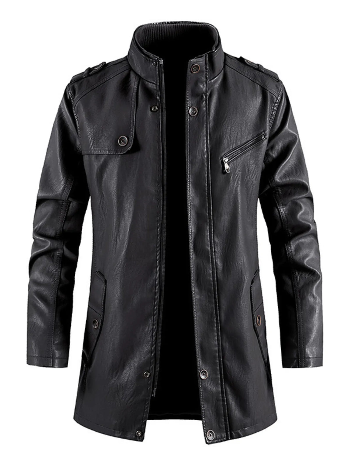Men’s black zip-up vegan leather jacket with snap button pockets and stand collar