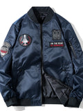 Men's dark blue zip-up bomber jacket with front zipper and embroidered chest patches